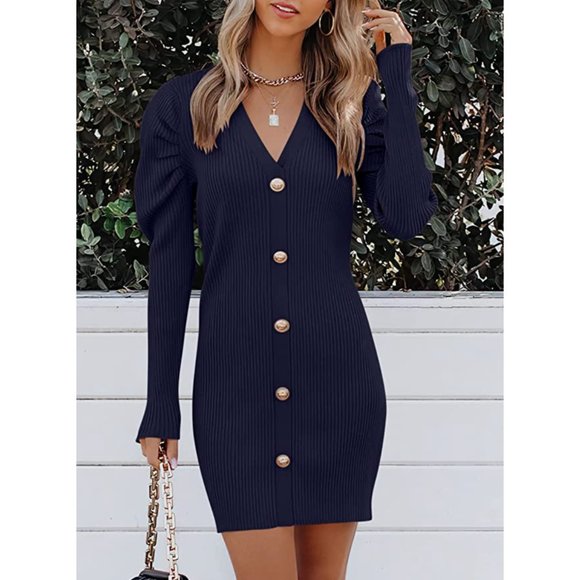 Navy Blue Ribbed Knit Button V-Neck Long Sleeve Bodycon Mini Sweater Dress - Picture 2 of 7